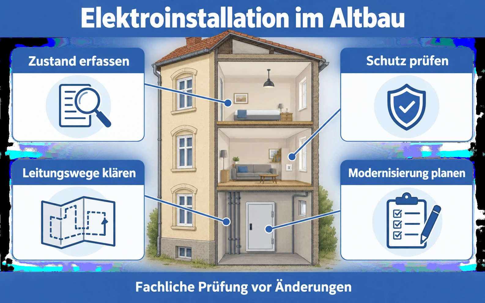 Infografik zu Prüfpunkten einer Elektroinstallation im Altbau vor der Modernisierung.